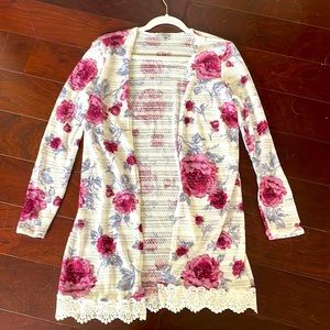White cardigan with purple flowers, never worn. Perfect for spring brunch!